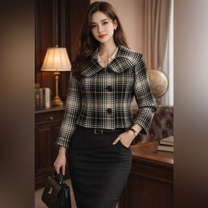 Wool Blend Plaid Blazer Jacket, Size Med, Academic Office Retro, Yellow Black